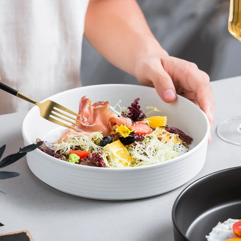 

Круглая белая керамическая тарелка, обеденные тарелки с фруктами, салатница, поднос для закусок, десертная декоративная посуда для ресторана