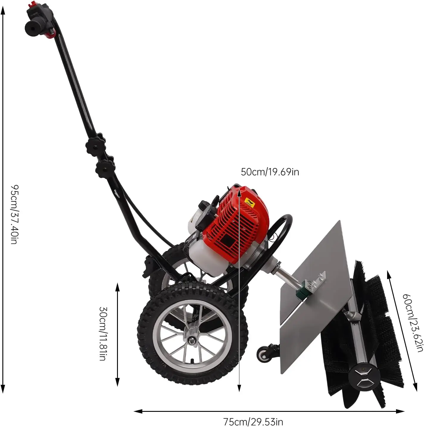 43CC 1.7HP 2 Stroke Gas Powered Push Lawn Sweeper Broom, Rolling Bar Brush Snow Sweeper Handheld Gasoline Brush Broom