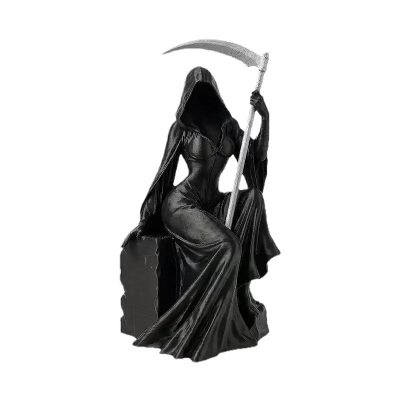 Weibliche Harzstatue des Todesengels, gotische sitzende Skulptur mit Sichel, düstere ästhetische Dekoration für Zuhause, Büro und Bücherregal – Detail 8
