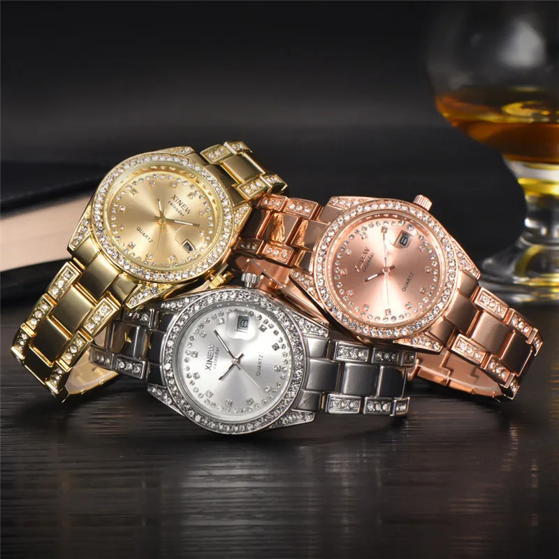 Women Big Brand Watches Girls Casual Alloy Band Simple Diamond Date Quartz Wrist Watch Rose Gold Relogios Feminino Fashions 2024