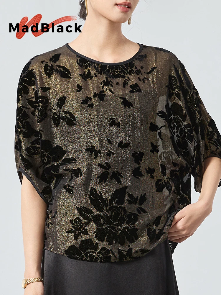 

MadBlack-Silk Velvet Elegant Shirt, O Neck Half Sleeve Jacquard, Women Vintage Casual Sheer Blouse, 2026 Summer New T64912CC