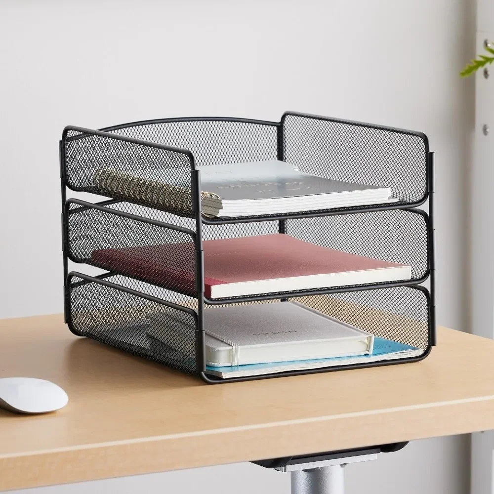 Safco Onyx Desktop Organizer, 3-Tier Paper Tray, Durable Steel Mesh Construction, Black