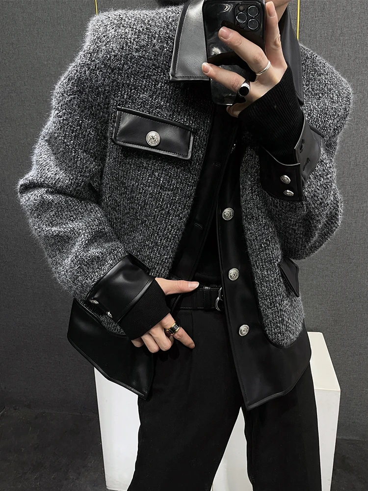 Autumn New Contrast Color Leather Stitching Fashionable Thickened Short Jacket Handsome Man Motorcycle Long Sleeve Jacket