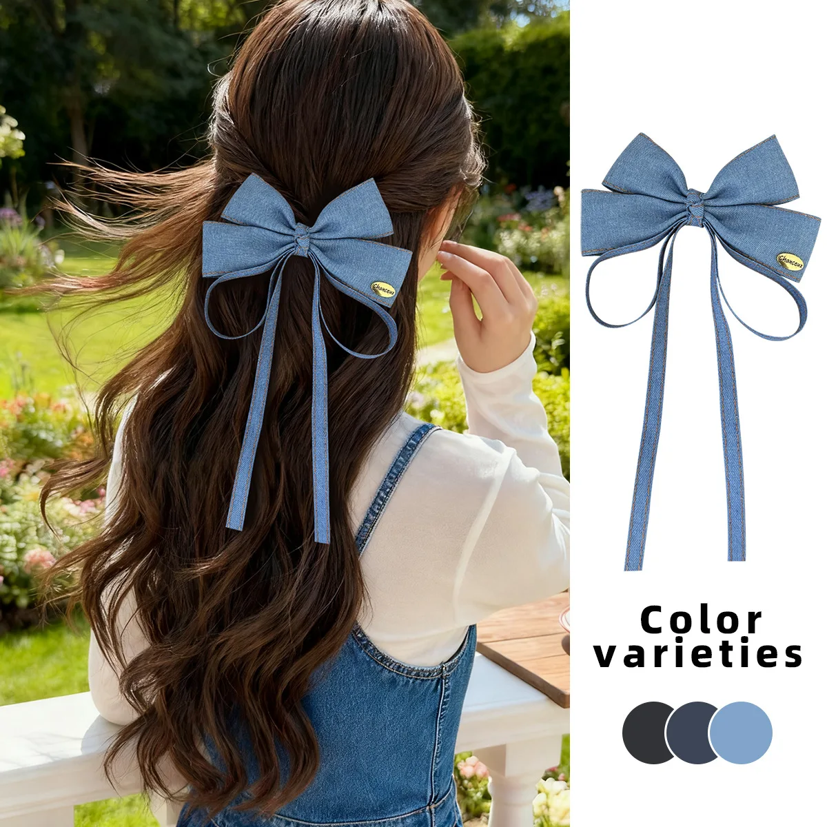 Vintage Denim Blaue Haarschleife mit langem Band, Haarspangen, Haarschmuck für Damen und Mädchen, Accessoires, Hochzeitsschmuck, Haargummis