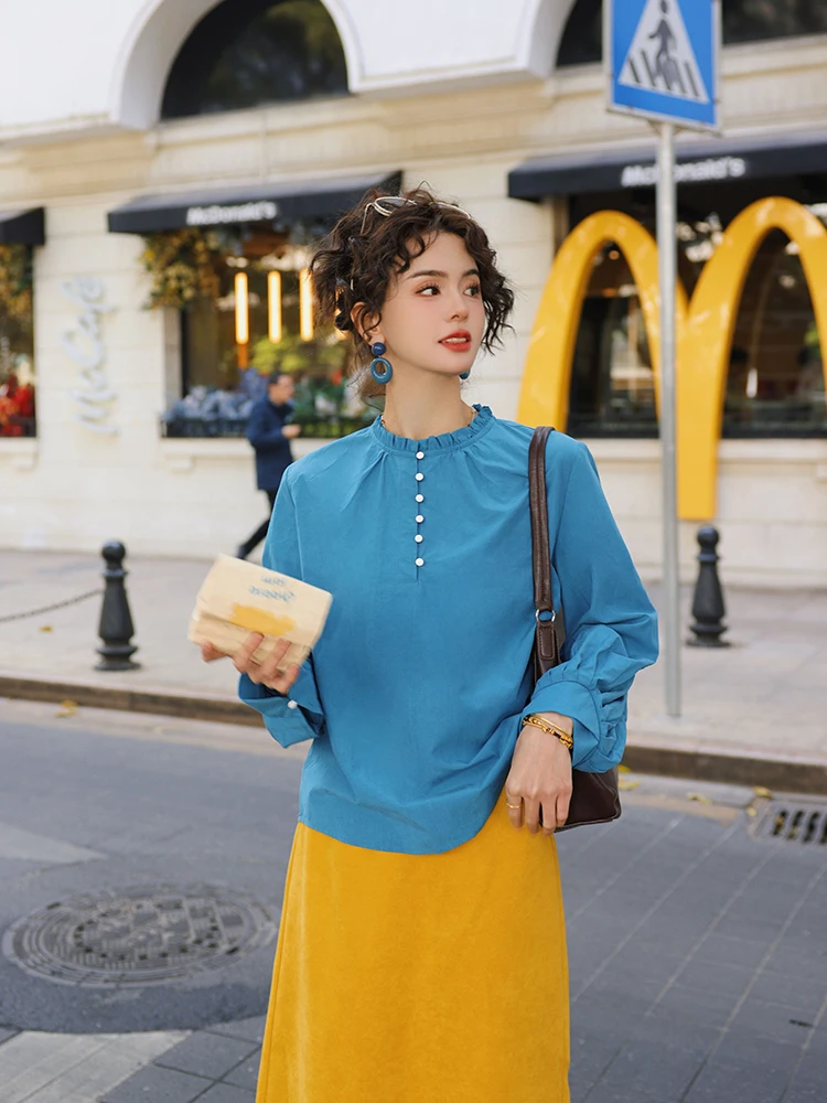 

Синяя длинная рубашка с длинным рукавом, весенняя модная женская свободная рубашка в стиле Хонконг, повседневная рубашка в стиле Чэнь Цзяцзе Dr Sea Breeze