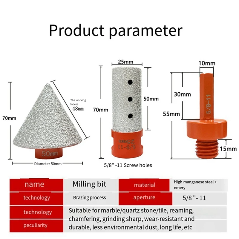 Brazed Diamond Milling Bit Chamferer Ceramic Tile Hole Expander 5/8-11 Thread Adapter Conical Stone Grinding Bits 3Pcs