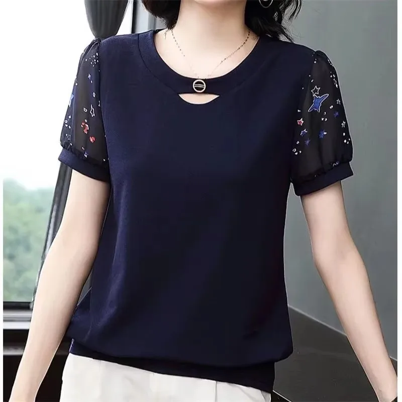 قميص شيفون مطبوع للنساء بأكمام قصيرة ورقبة دائرية وقصة فضفاضة وقميص مريح للأمهات في منتصف العمر #3