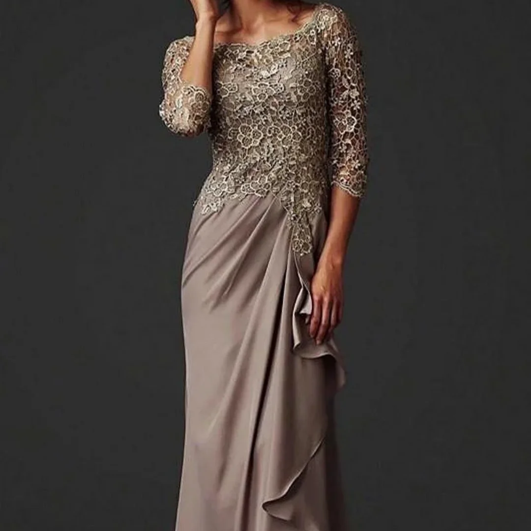Appliqued Lace Formal Party Groom Brown Mother Of The Bride Dresses O-Neck Pleat Chiffon Mother Evening Gown Customized
