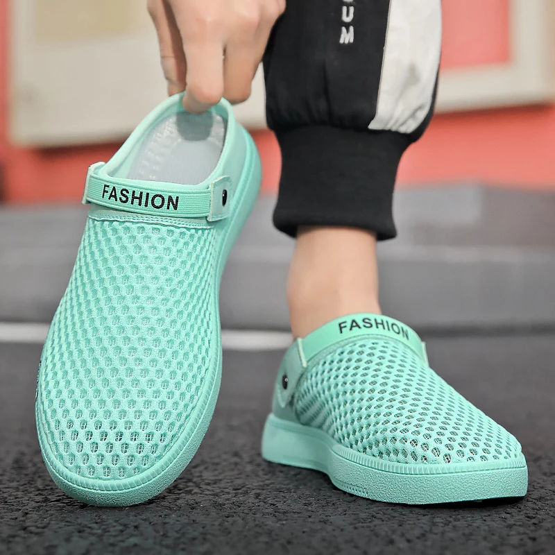 2023 New Men's Summer Breathable Mesh Half Slippers Fashion Versatile Mouth Mesh Shoes size 39-44 Blue Casual Shoes