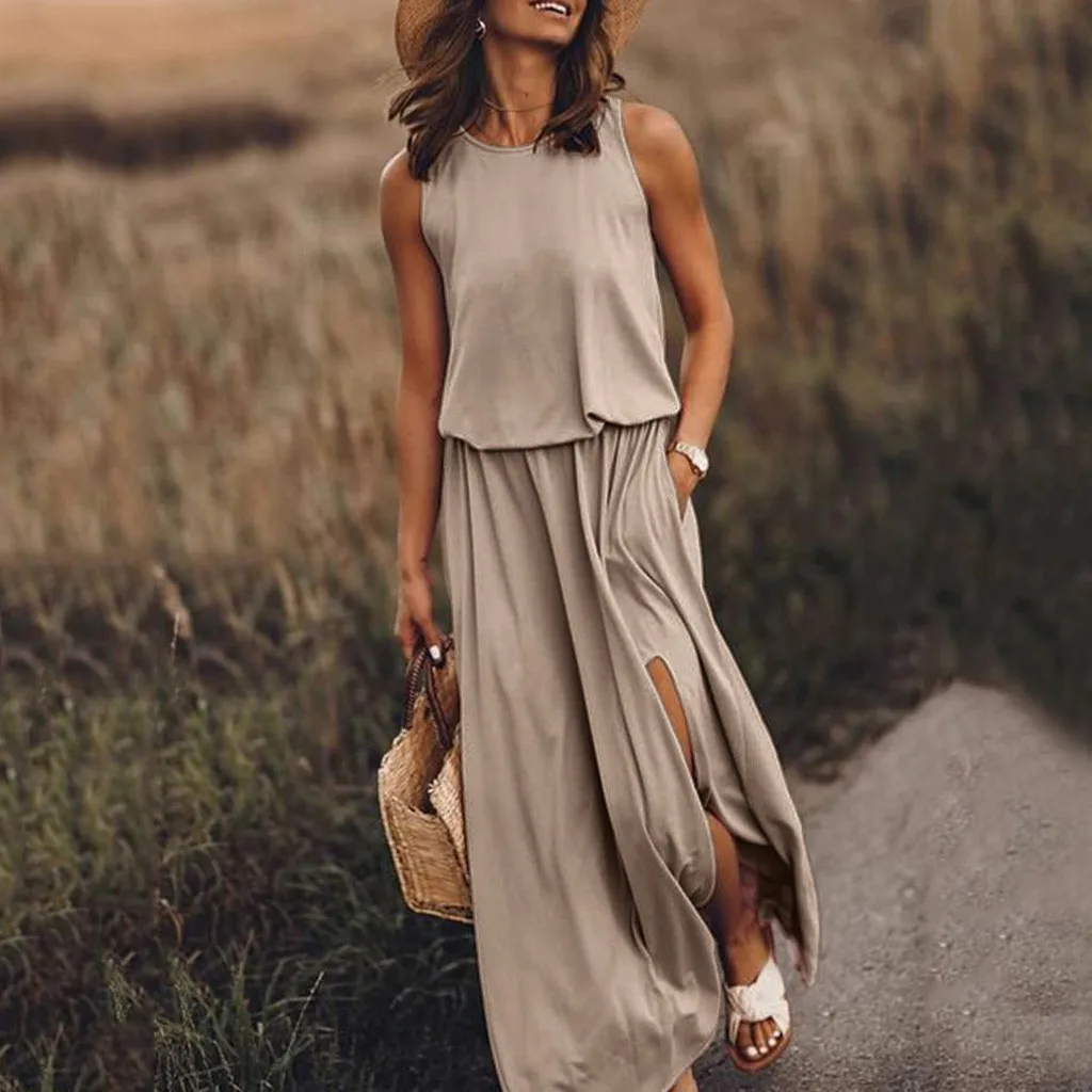 

Elegant Sleeveless Split Long Boho Dress Women O-Neck Solid Color Pocket Maxi Dresses Vintage Loose Holiday Beach Evening Dress