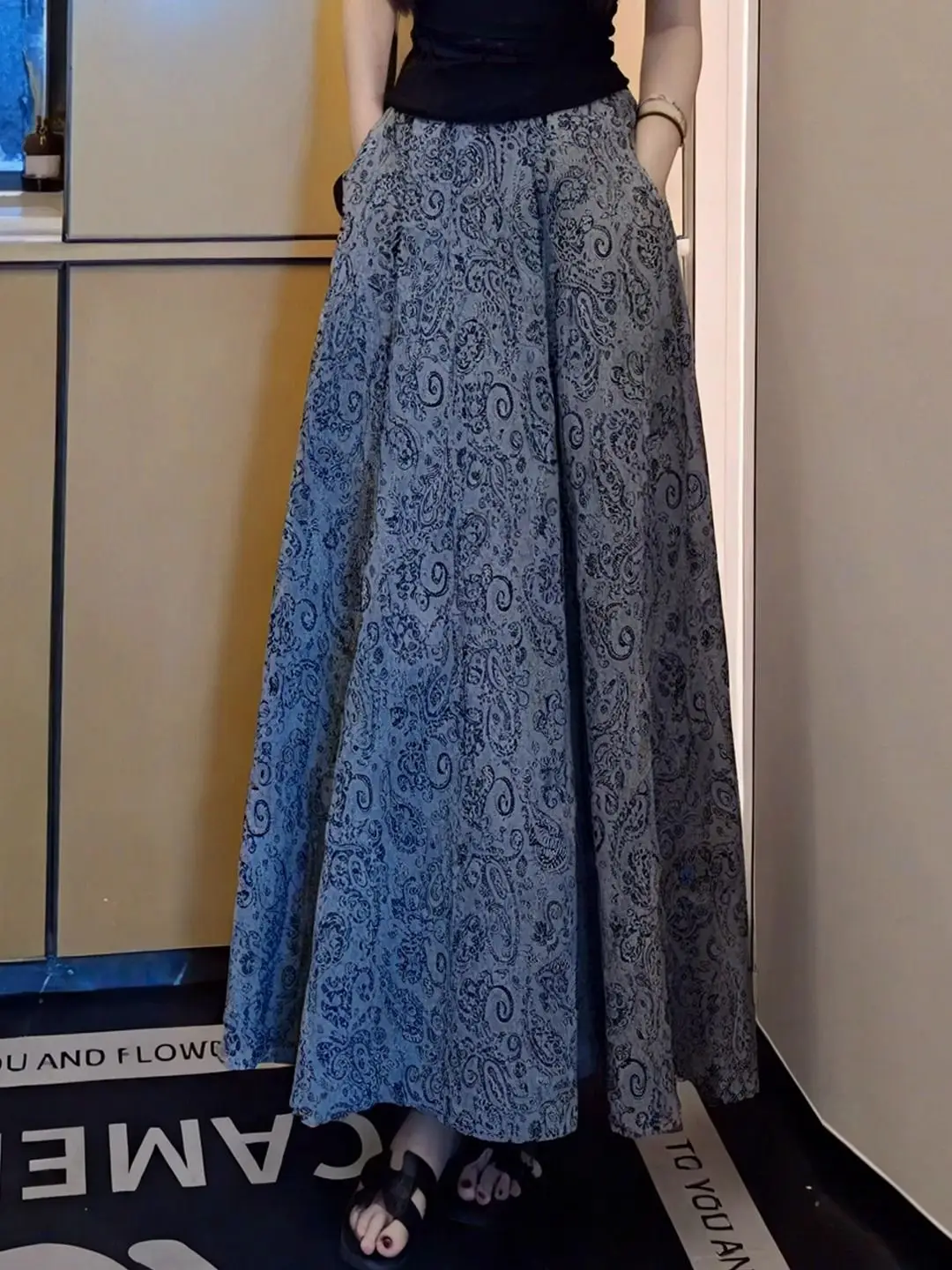 Large size 2025 summer new French fashion lady style printed skirt women's high-end elastic waist long skirt