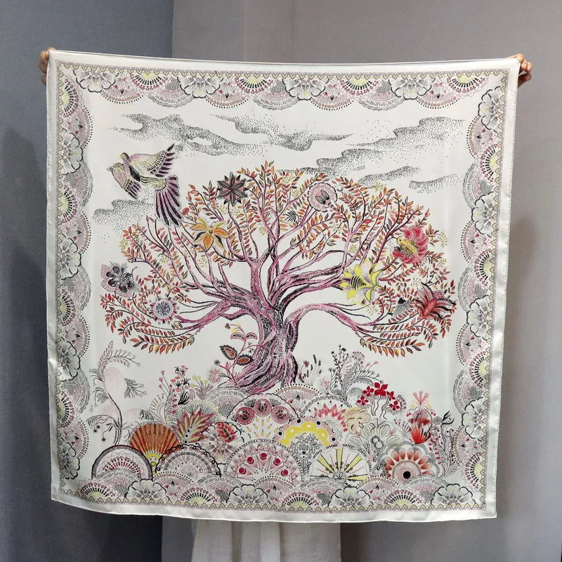 High-end Elegant Women Fine Colorful Life Tree Double Sided Print Quality 18MM Twill Silk Hand-rolled Edge Square Scarf Shawl