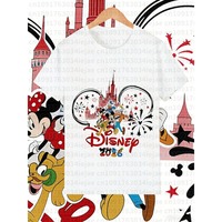 2025 Summer Disney Castle and Mickey White Black Casual Short Sleeves Loose Cartoon 100% Cotton Printed T-shirt Men and Women
