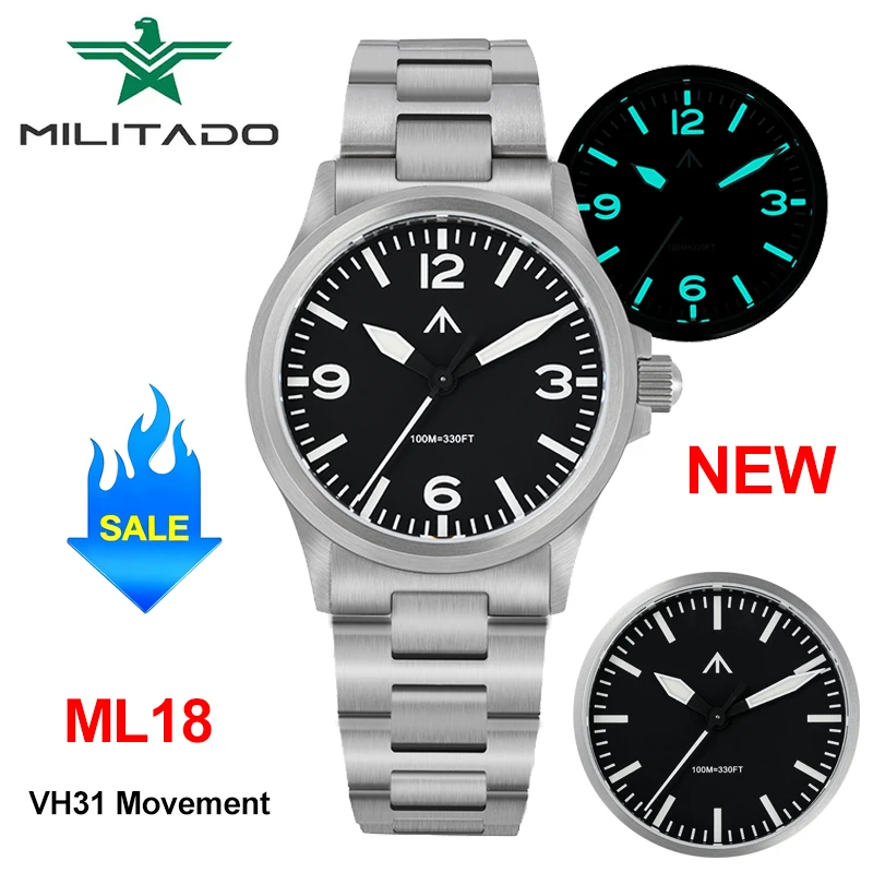 MILITADO ML18 パイロットウォッチオマージュ ユーズド Militado ML18 Quartz Watch VH31 Sweep Second Movement 36mm Pilot