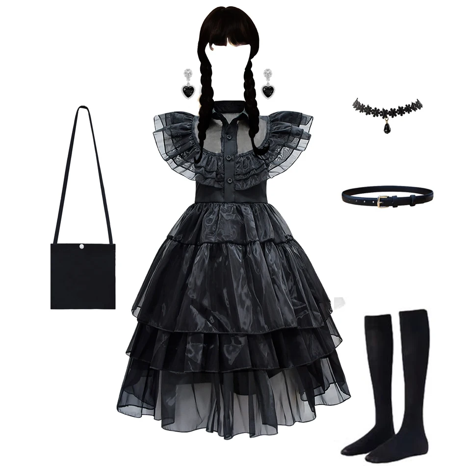 W-Wednesday Costumes for Girls Birthday Princess Costume Black Fancy Halloween Carnival Addams Cosplay Dresses for Kids