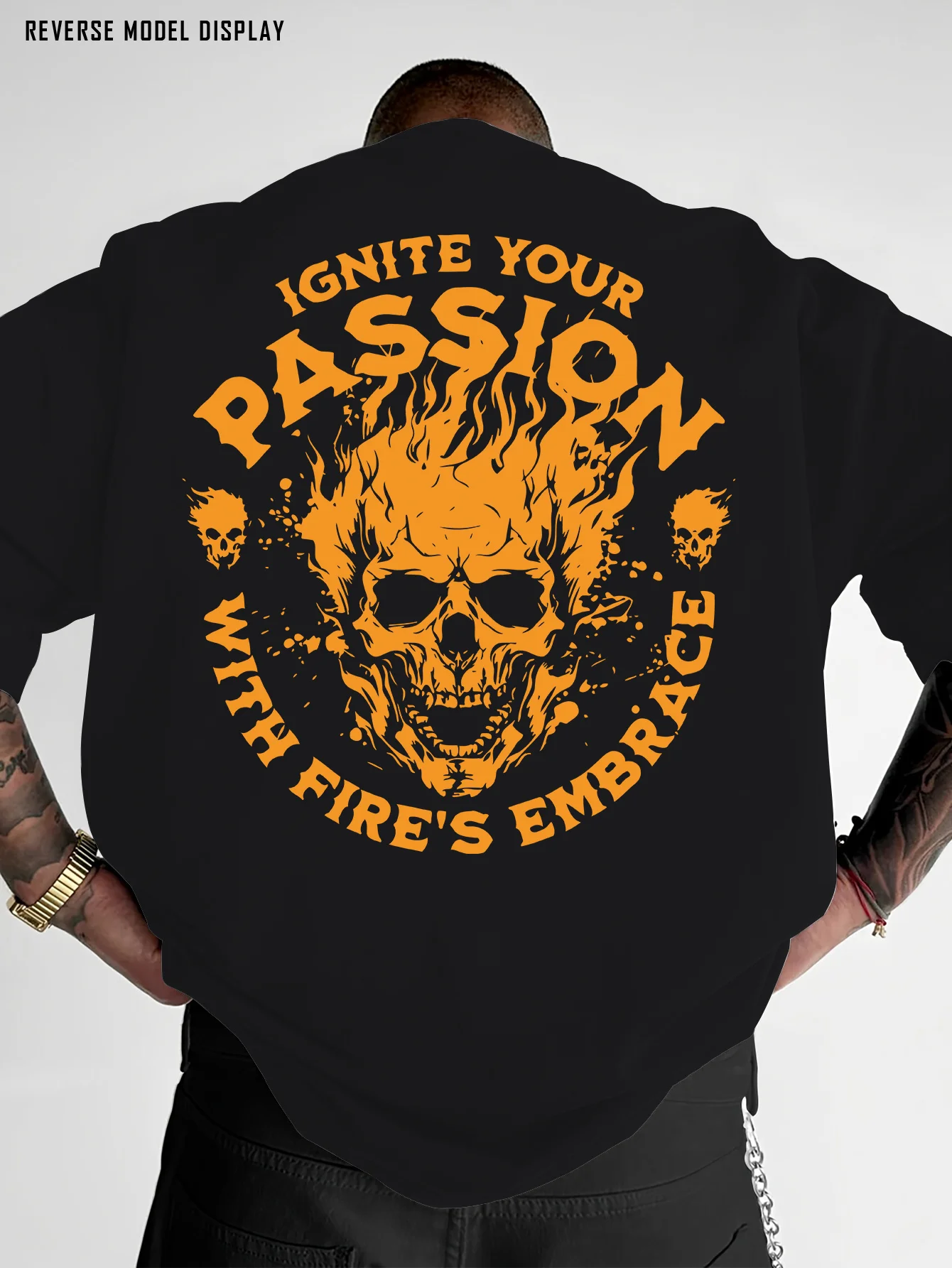 Fiery Skull Graphic Tee with Ignite Your Passion Quote in Bold Orange Print 100% Cotton Men's T-shirt Summer Urban Streetwear