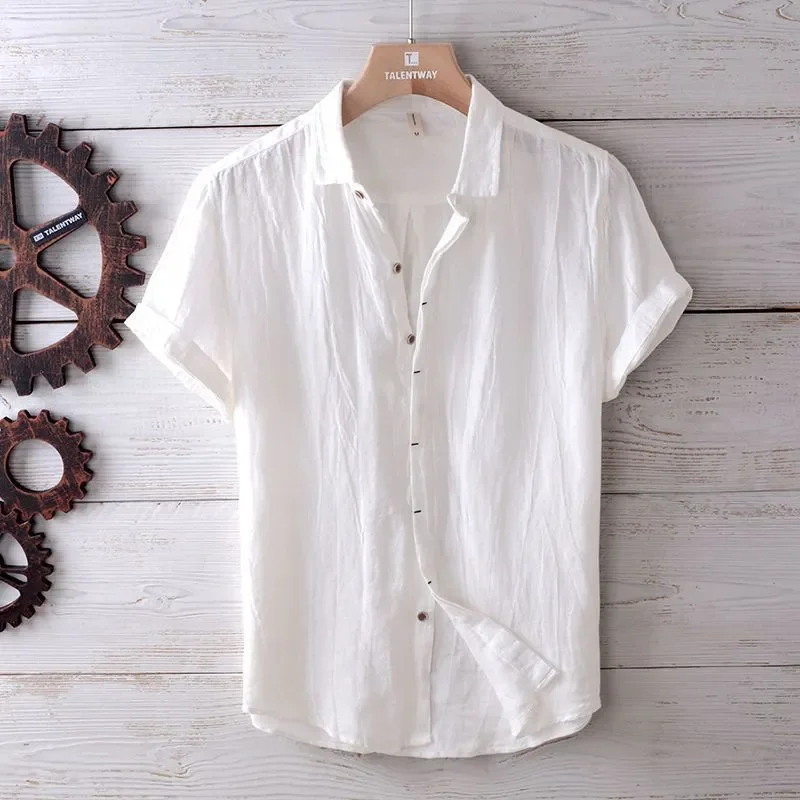 Linen Short Sleeved Shirt for Men, Trendy Japanese Retro Solid Color Summer Thin Casual Loose Cool Shirt Top