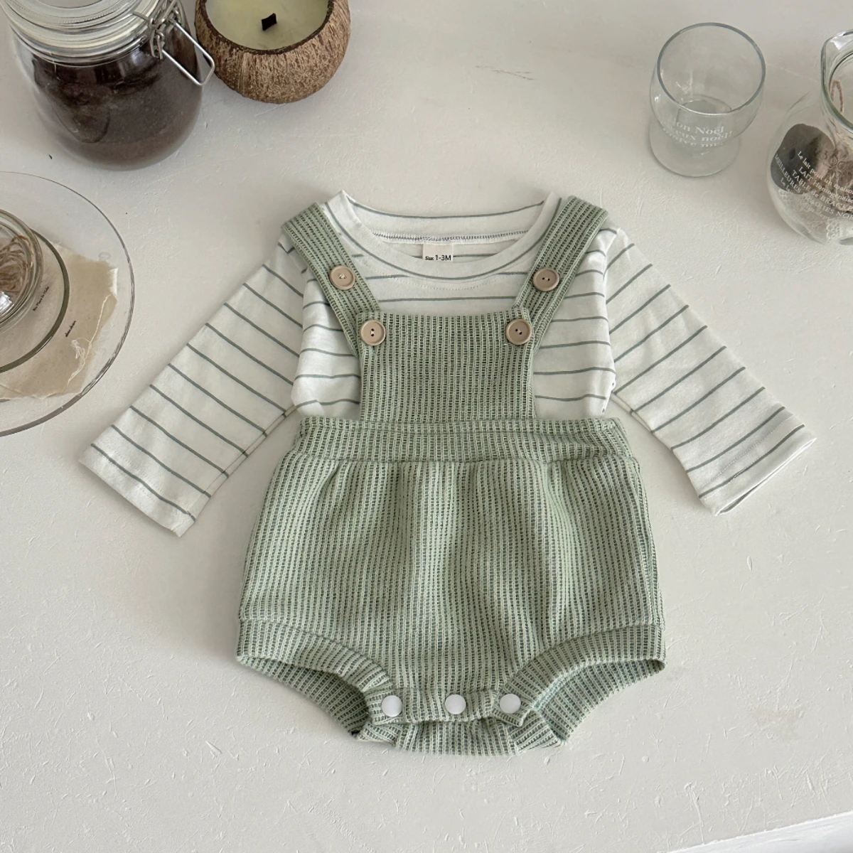 2 قطعة/المجموعة الخريف جديد الطفل الزحف دعوى مجموعة الطازجة الأخضر الأبيض تقسم المشارب طويلة الأكمام + حزام الكتف بذلة 0-18 أشهر #6