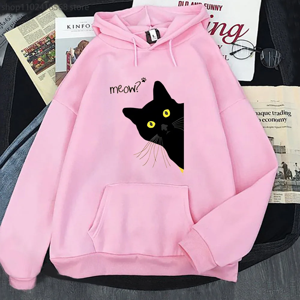 Meow Black Cat Hoodies Funny Printing Sweatshirts Men Autumn Winter Clothes Kawaii Cute Tops Kpop Streetwear Women Sudadera Coat