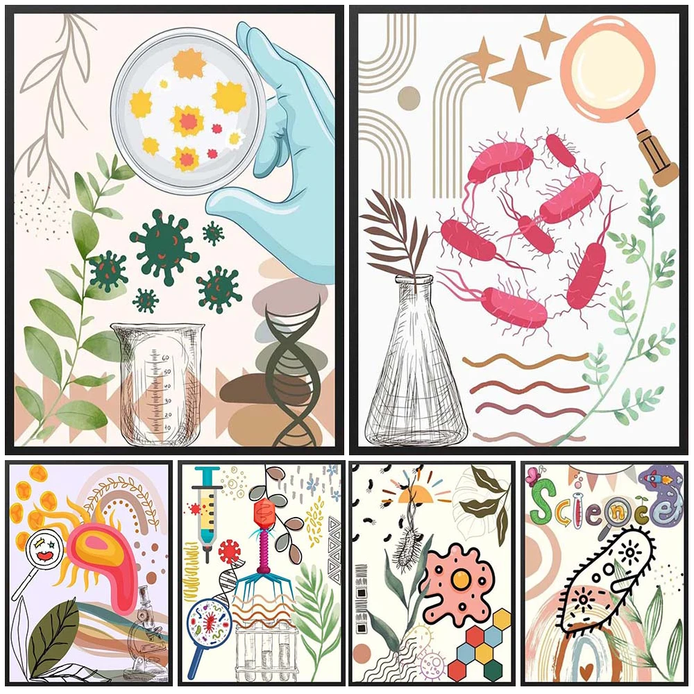 Cartoon Middle School Biology Class Lab Prints Poster Wall Art Canvas Painting Home Decor Wall Pictures For Classroom Unframed
