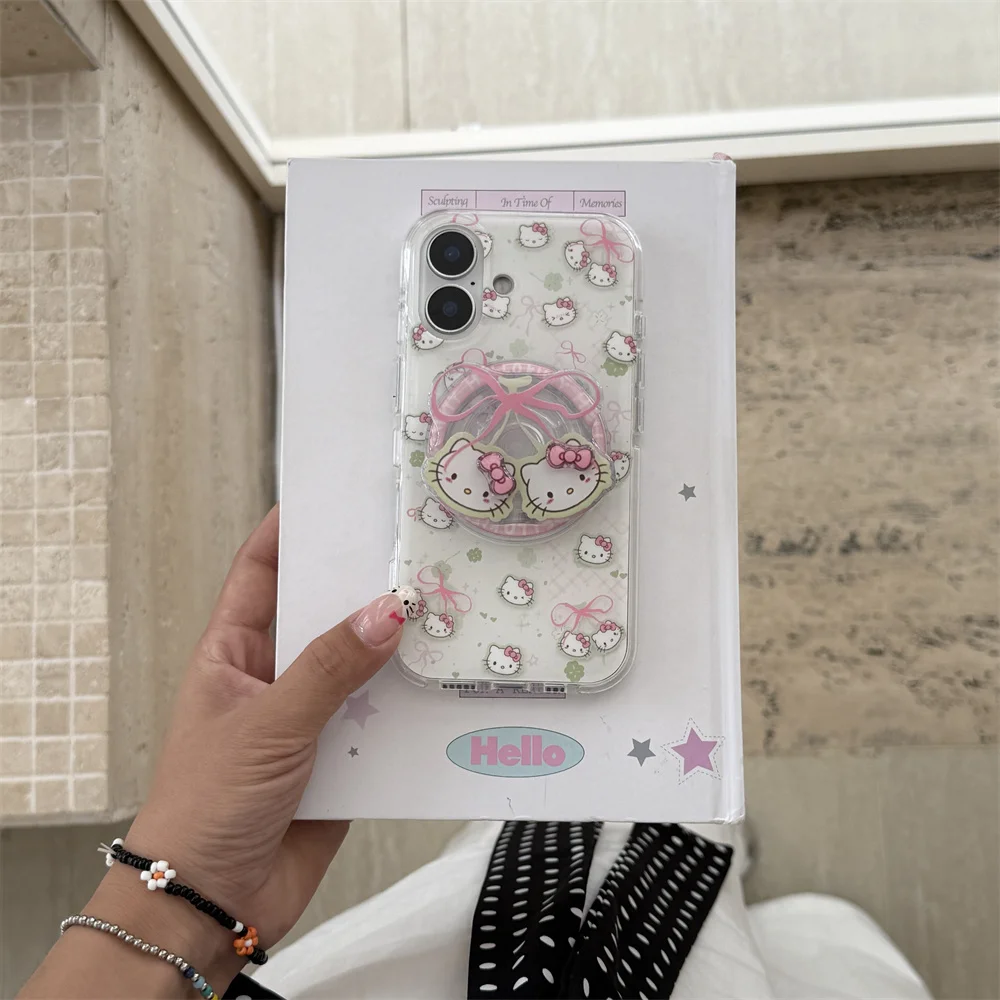 かわいいリボンのハローキティ、iPhone 14、15、16 Pro Max、14 Pro対応の新型スマホケース、マグネット式スタンド付き耐衝撃保護カバー1