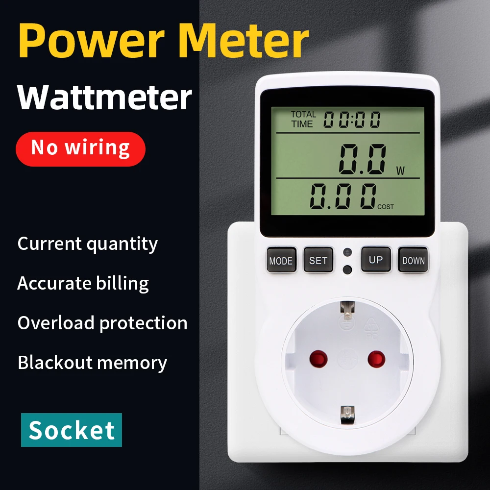 220V Digital LCD Power Meter Wattmeter Socket Wattage Kwh Energy Measuring Outlet EU/US Plug Overload Protection 7 Display Model