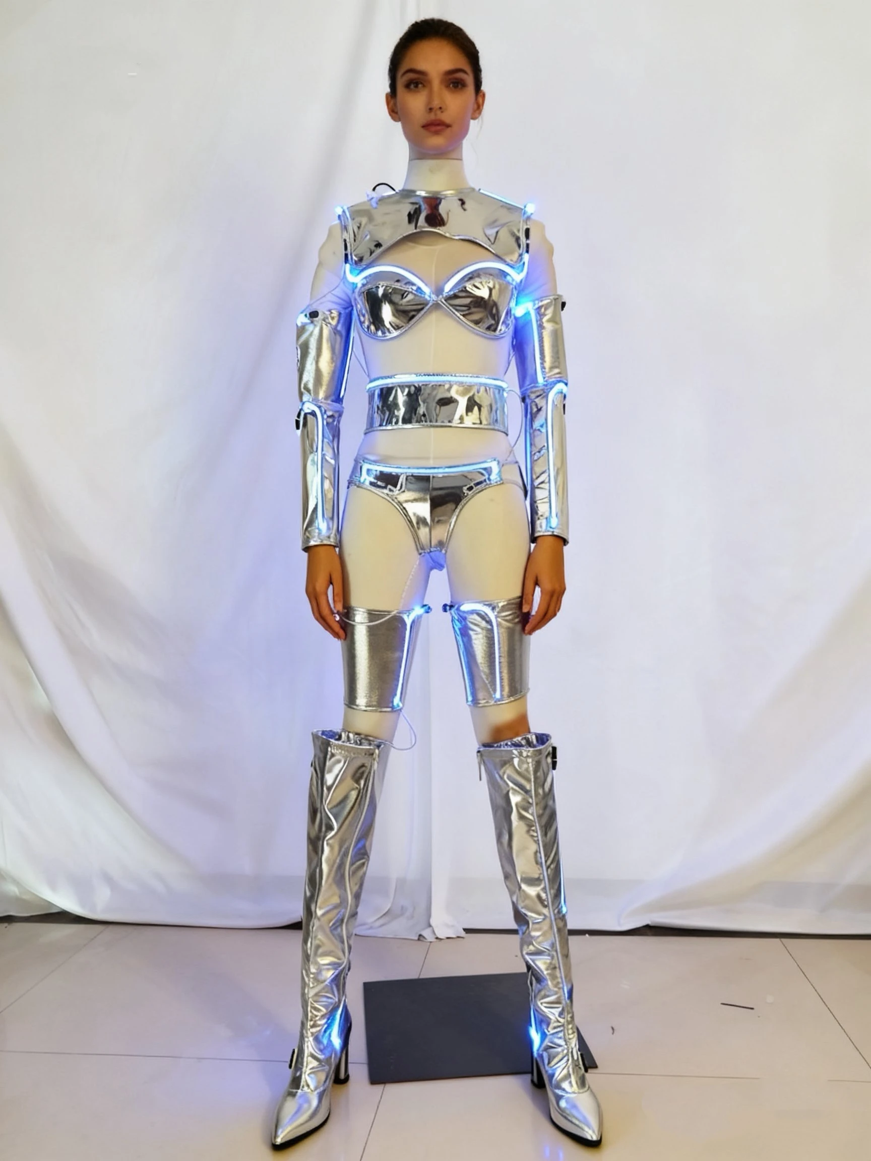 Cyberpunk Rave Wear Metallic Zilver Futuristisch Kostuum LED Licht Clubwear Dansjurk Feestvoorstelling Halloween Cosplay