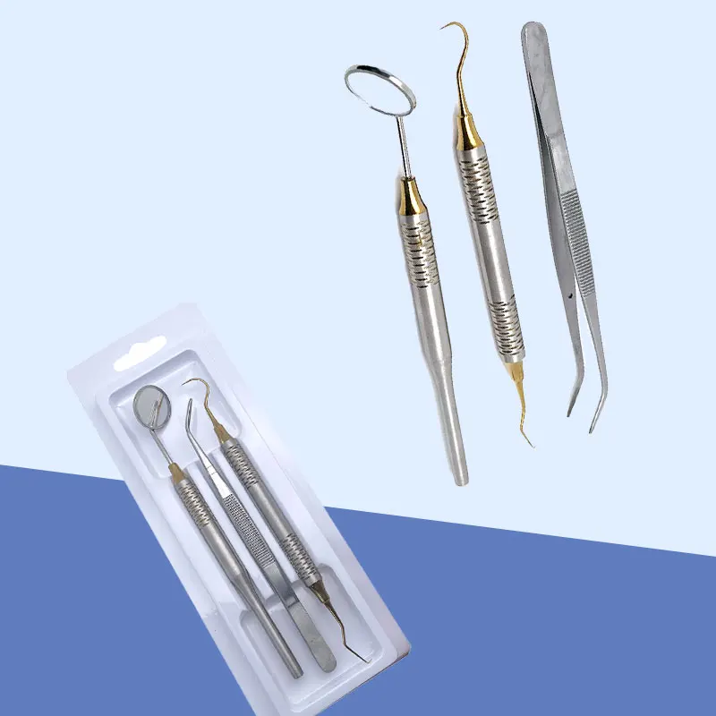 3Pcs/set Dental Stainless Steel Mouth Mirror with Handles and Dental Tartar Scraper Tweezers Oral Probe Sickle Shape