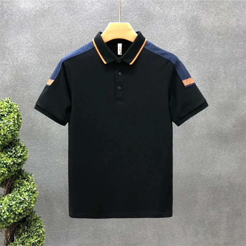 Business Casual Men\'s 2024 Summer New Patchwork Polo Shirt Button Fashion Solid Color Slim Minimalist Short Sleeved T-shirt Tops