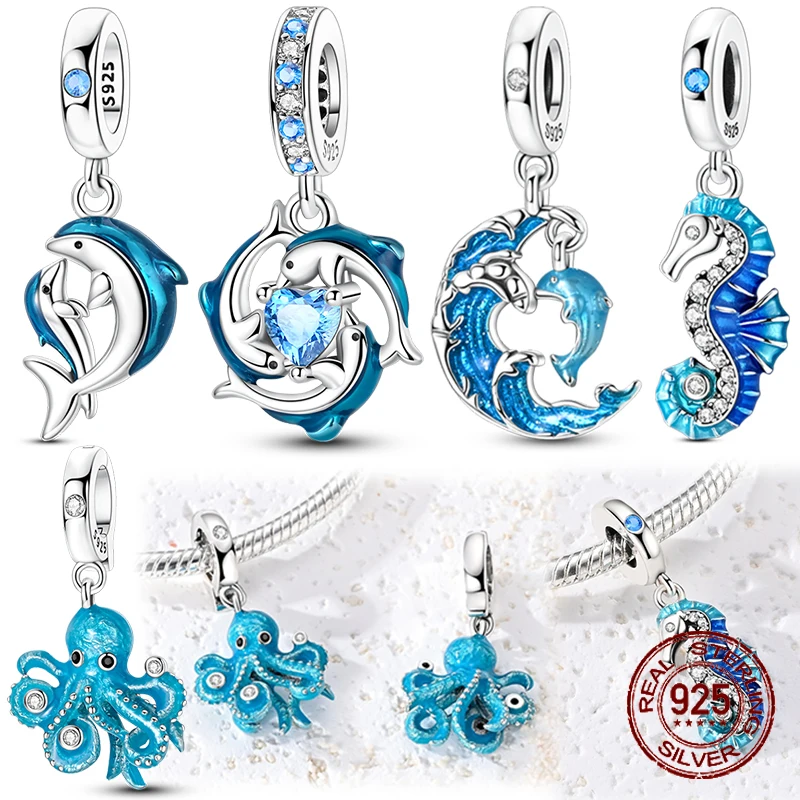 

Ocean Animal Charms 925 Sterling Silver Blue Dolphin Seahorse Octopus Pendant Fits Bracelet DIY Jewelry Gift for Women Girls