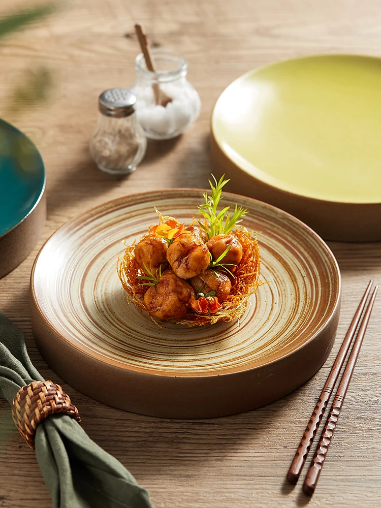 

Ретро-китайская круглая тарелка для ужина, для западной кухни, для холодных закусок, для создания атмосферы отеля, большая, для взрослых, посуда для ужина