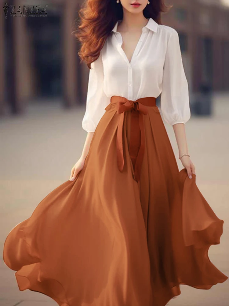 ZANZEA Holiday Office Chiffon Dress Women Colorblock Maxi Dresses Vintage V-neck Vestidos 2025 Summer Belted Waisted Swing Robe