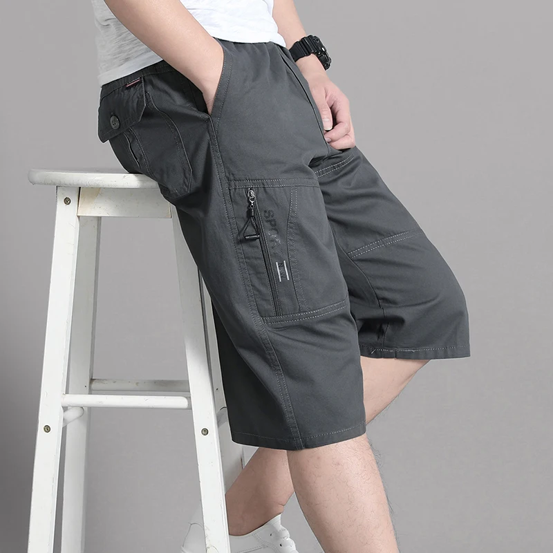 Men Cropped Cargo Shorts Men\'s Casual Sports Pants Zipper Pocket Summer Cotton Shorts Running Jogger Shorts Elastic Waist