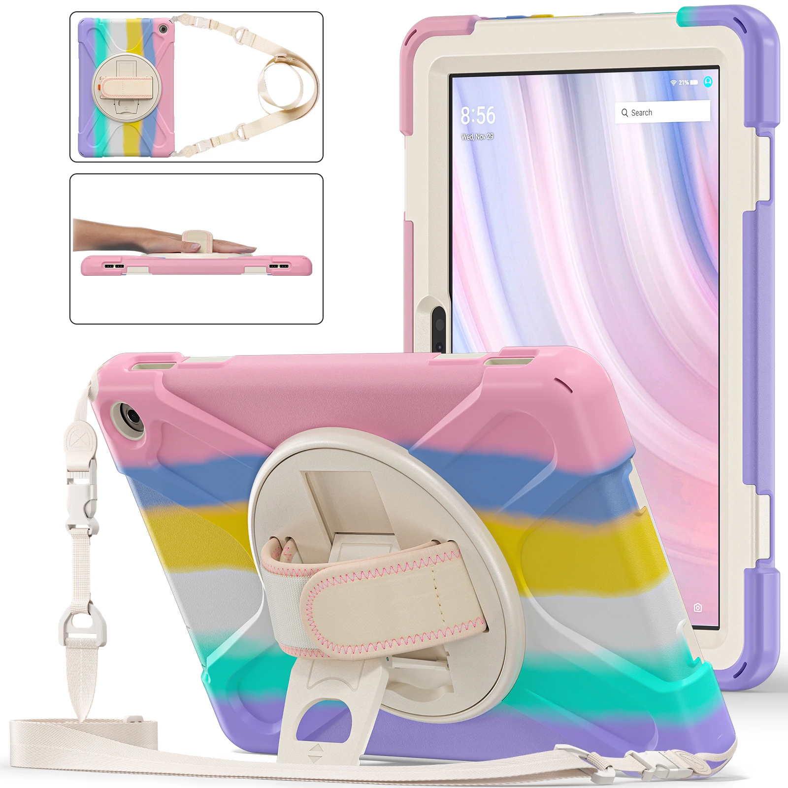 Rugged Case For Amazon Fire HD 10 2023 13th Generation 10.1 inch 360 Rotating Stand Heavy Duty Cover With Hand & Shoulder Strap