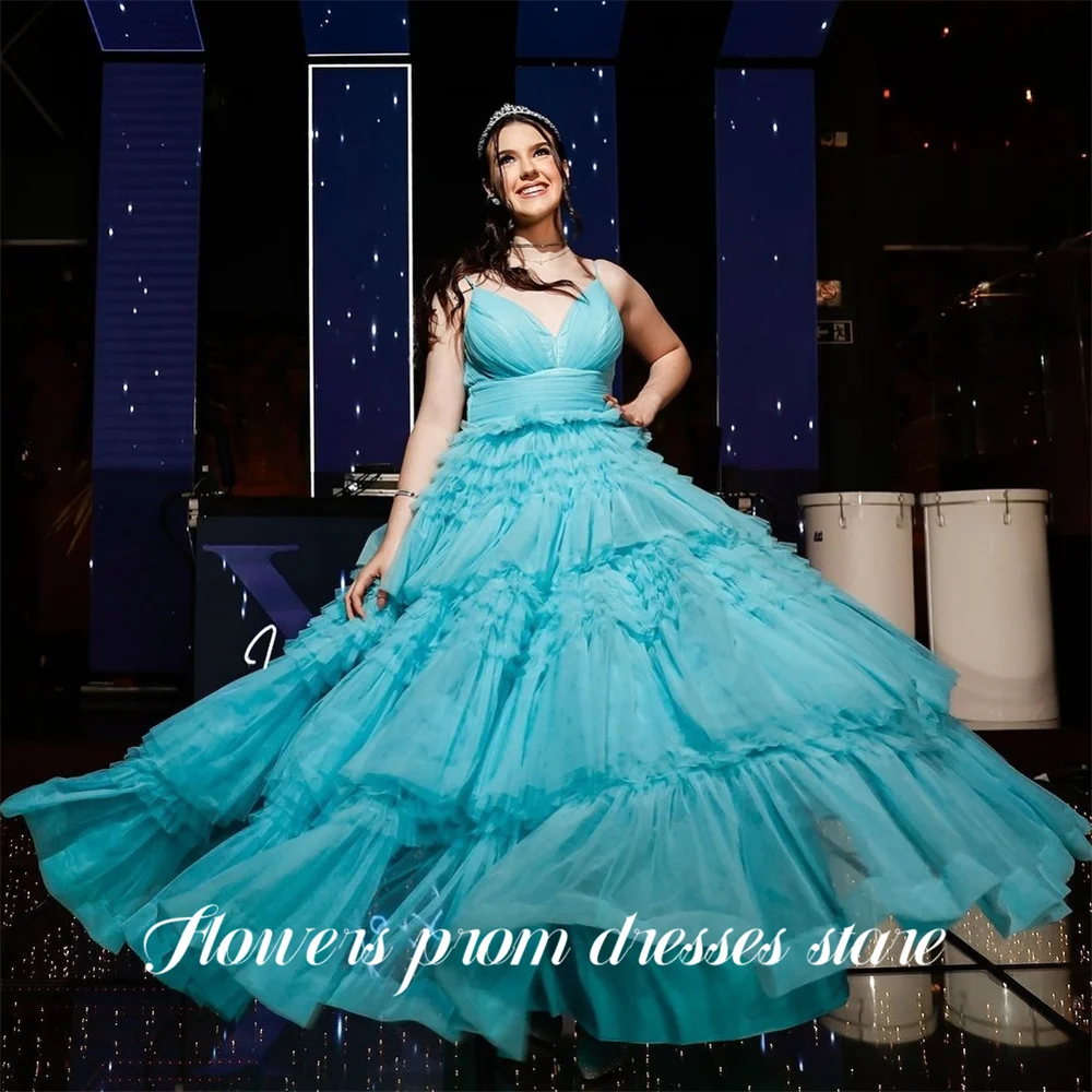 

Flowers Turquoise Evening Gown Layered Tulle Prom Dress Spaghetti Strap Wedding Evening Dress A Line robes de soirée Customized