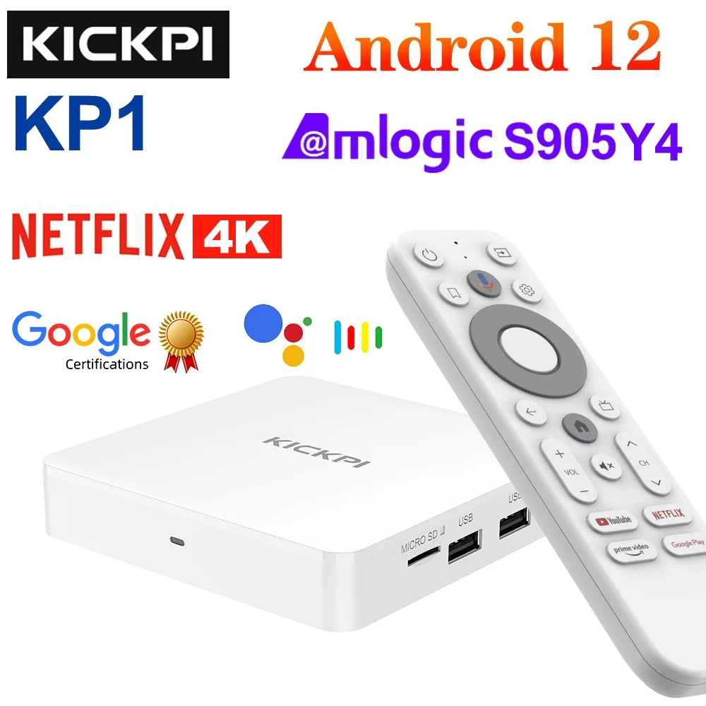 KICKPI KP1 صندوق التلفزيون المعتمد من Google&Netflix Android 12 Amlogic S905Y4 2GB 32GB دعم الصوت AV1 1080P 5G Wifi BT5.0 Androidtv