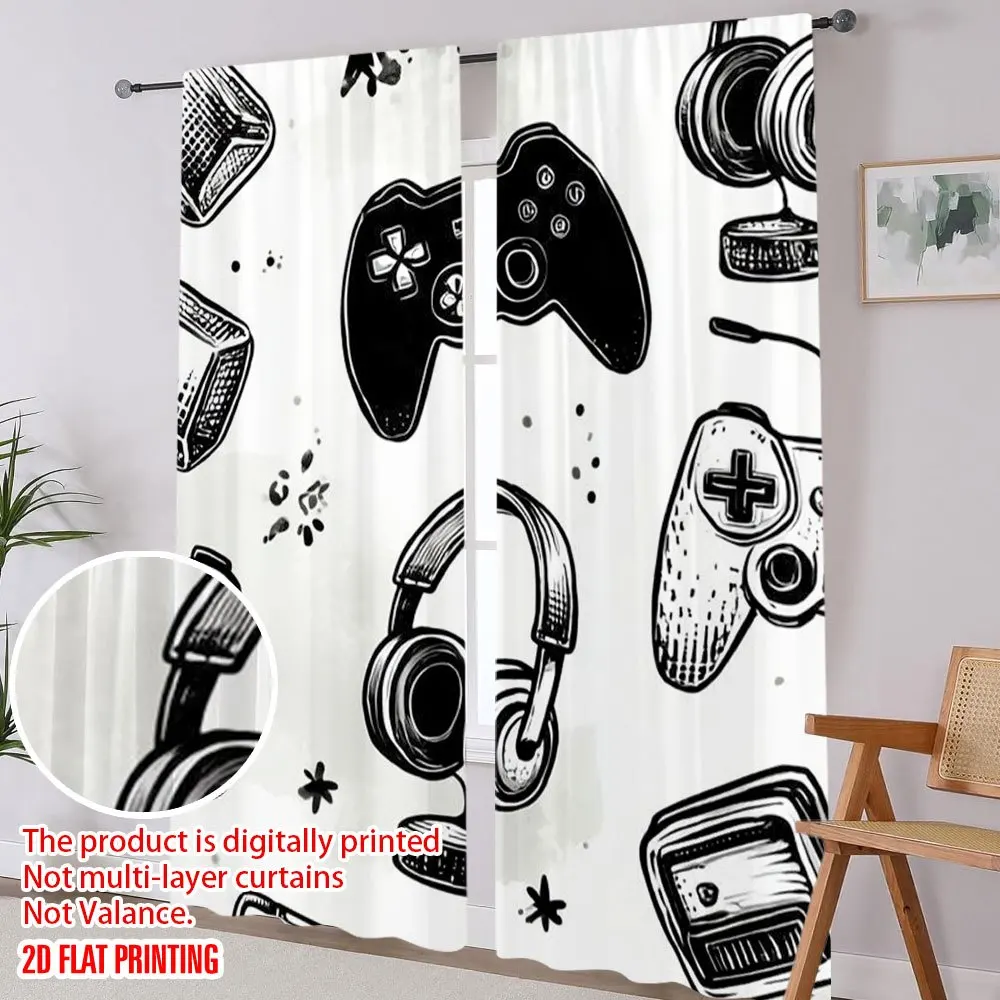 Fun Gamer Pop Art Window Curtains Controller Pattern Black White Drape Gaming Room Decor Man Cave Curtain