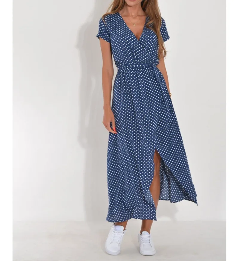 أزياء جديدة عارضة قصيرة الأكمام الخامس الرقبة طباعة الأزهار صالح ومضيئة الدانتيل متابعة سبليت فضفاض منتصف العجل اللباس، 6 ألوان