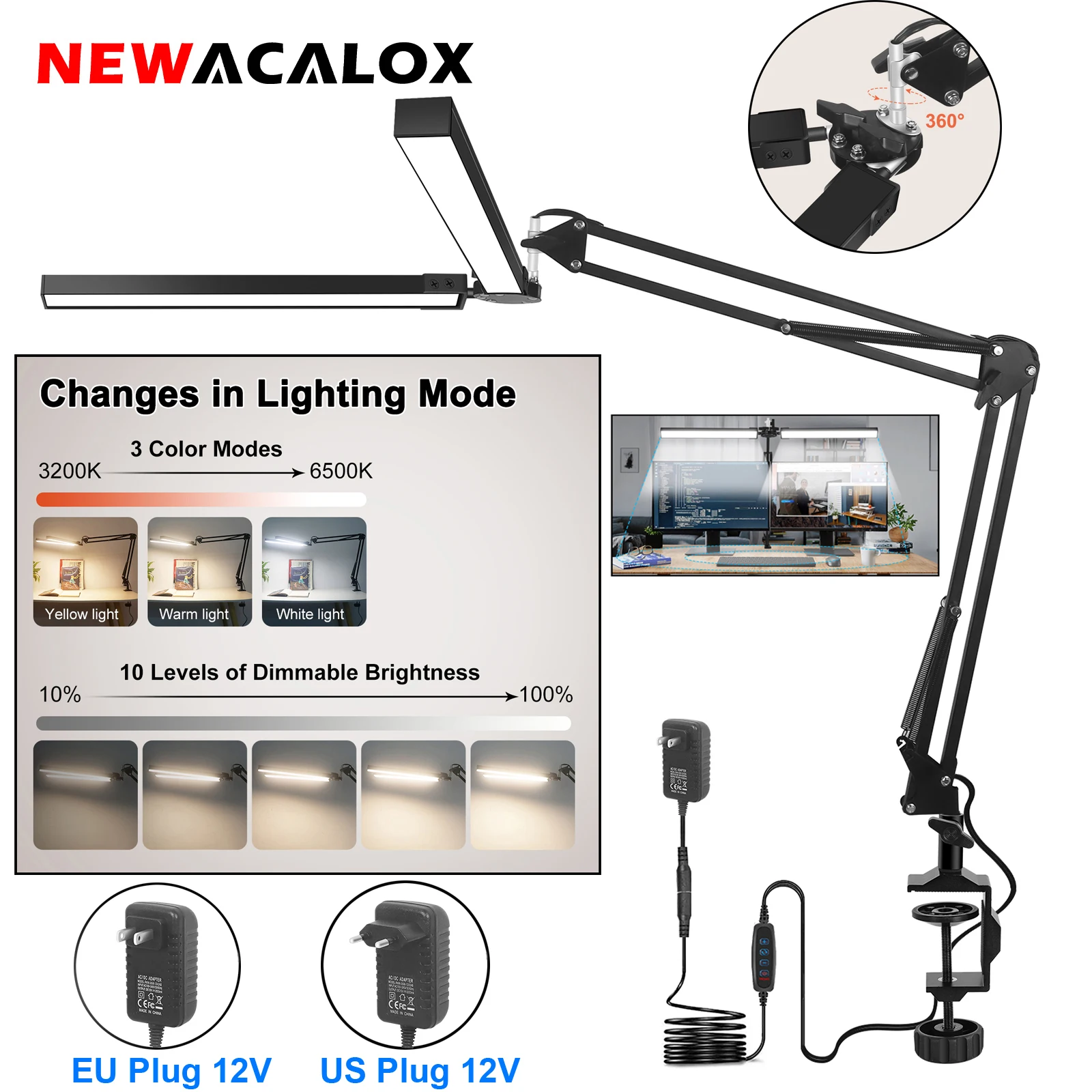 NEWACALOX lampu meja LED 24W, lampu meja kepala ganda dengan penjepit/lengan ayunan fleksibel 3 Mode Warna tanpa langkah untuk rumah kantor