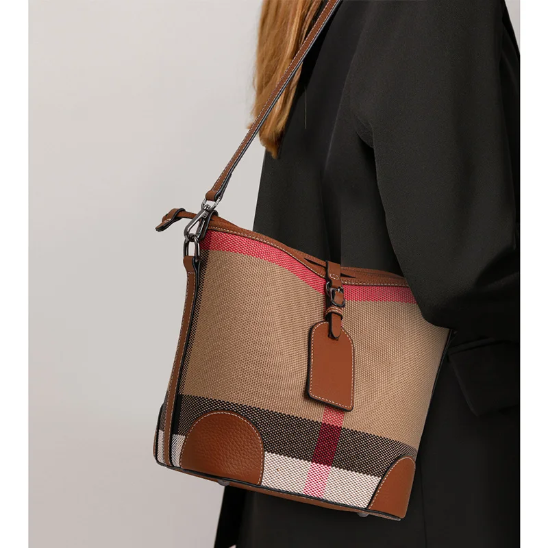 Canvas Cowhide Spliced Bucket Bag Plaid Women Crossbody Handbag Adjustable Strap Large Pocket Daily Travel Work