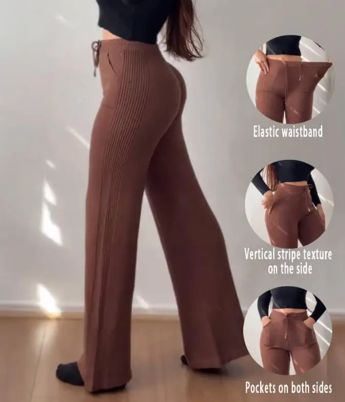 ジャカードニットベルボトムパンツ、ハイウエスト弾性ウエストスリムフィットカジュアルパンツ、秋と冬の女性のニットパンツ