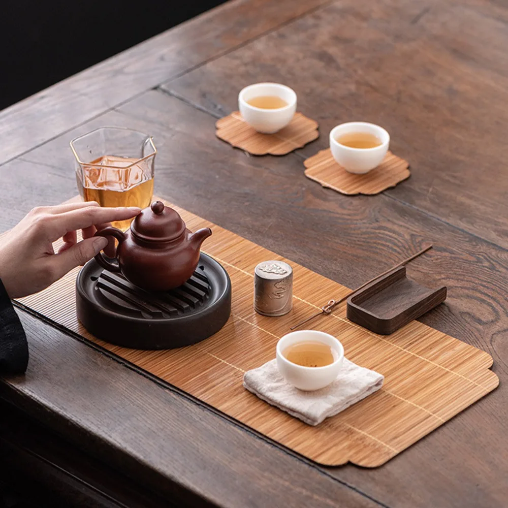 Zen Aesthetics Hand Woven Tea Tablemat Slat Waterproof Insulation Tea Set Mat Anti-Skid Table Runner Mat Dining Tables