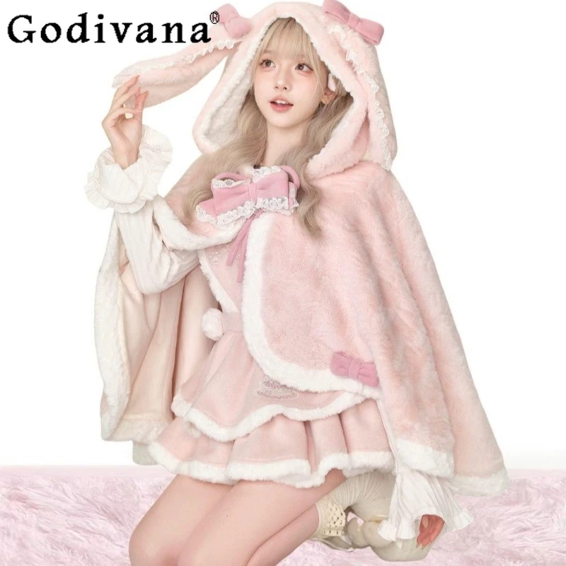 

Pure Desire Girl Style Plush Lolita Set Women Cape Coat Waist Strap Dress Three Piece Suit Female Sweet Cute Princess Suits