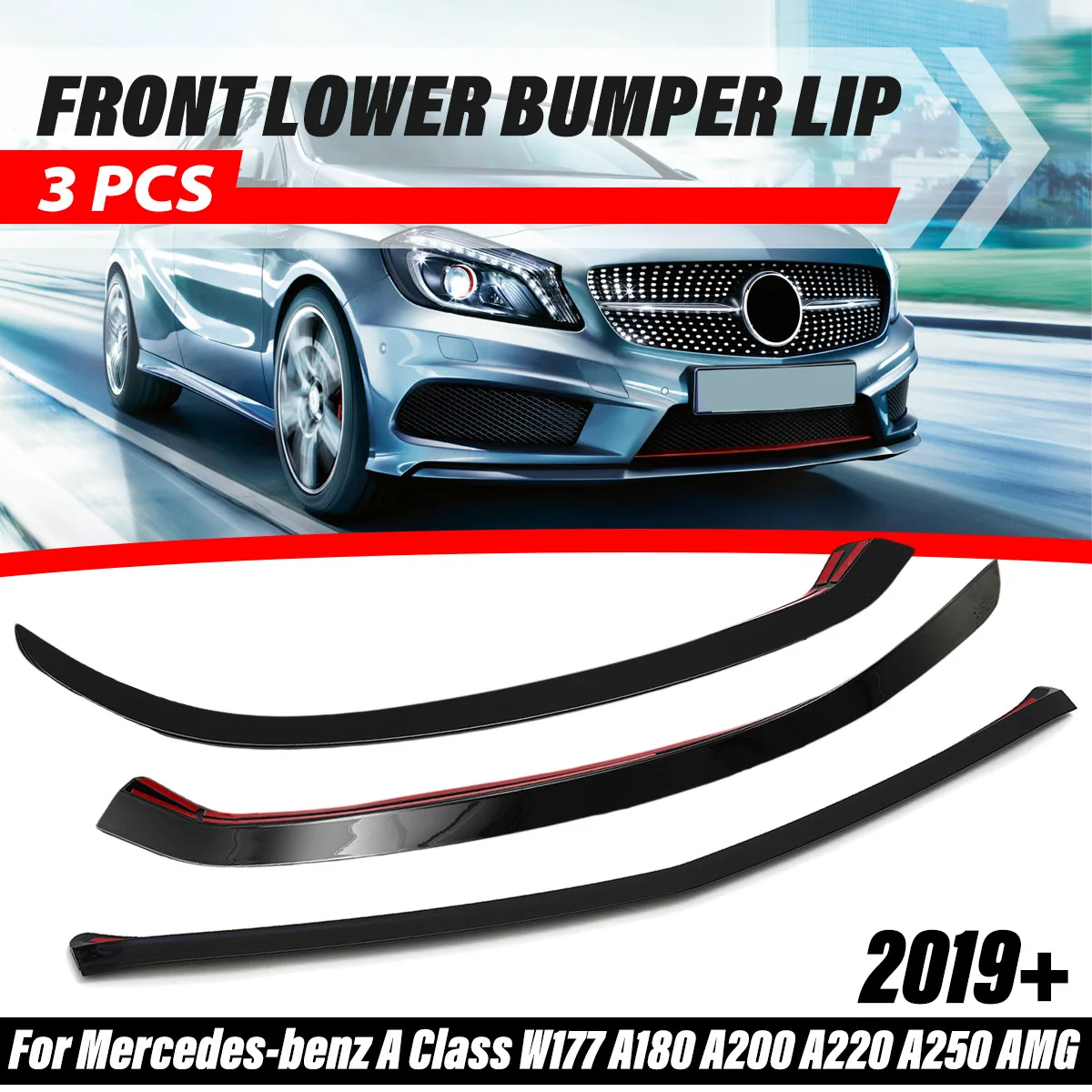 3PCS For Mercedes-benz A Class W177 2019+ Front Lower Bumper Lip Splitter Canard Trim A180 A200 A220 A250 for AMG Car stying