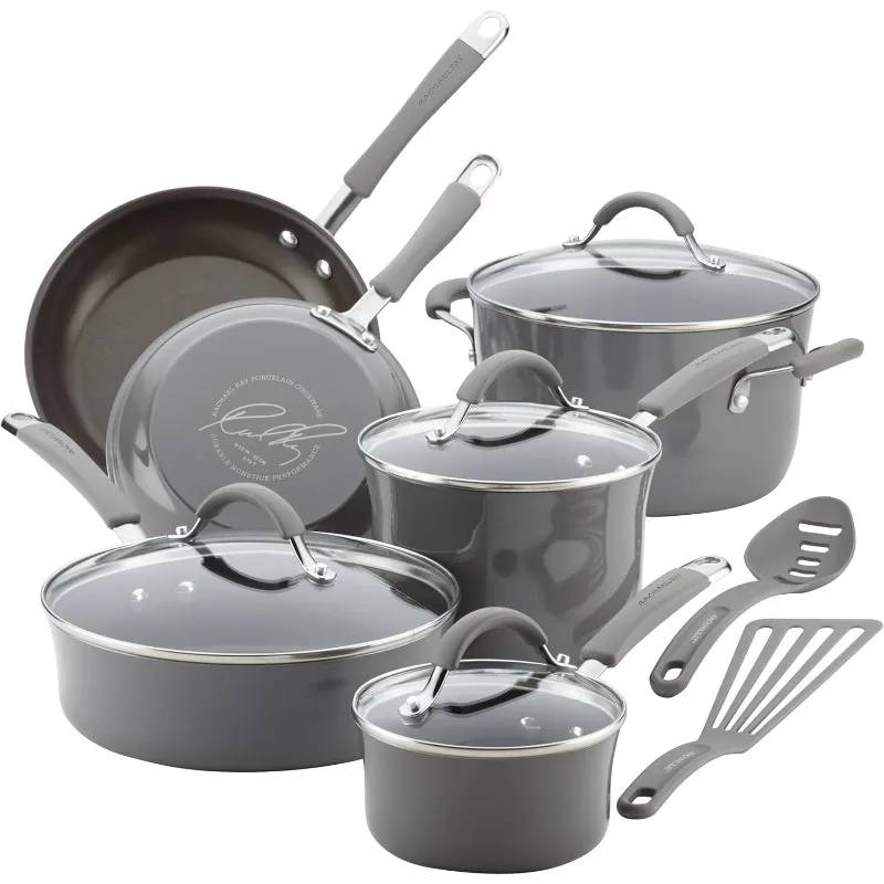 Rachael Ray - 16802 Rachael Ray Cucina Nonstick Cookware Pots and Pans Set, 12 Piece, Sea Salt Gray