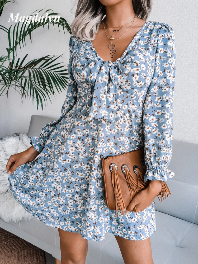 Magdalyn Women Floral Print Chiffon Dress Fashion Long Flare Sleeves Vintage Korean Vestido Streetwear Spring Bow A Line Dresses