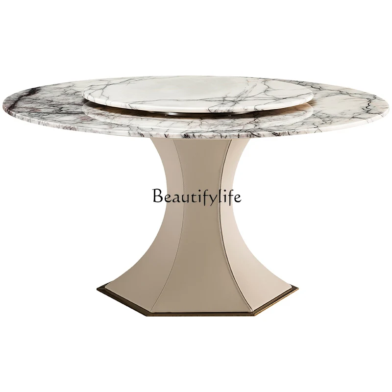 

Italian light luxury marble round dining table with turntable minimalist saddle leather luxury stone furniture