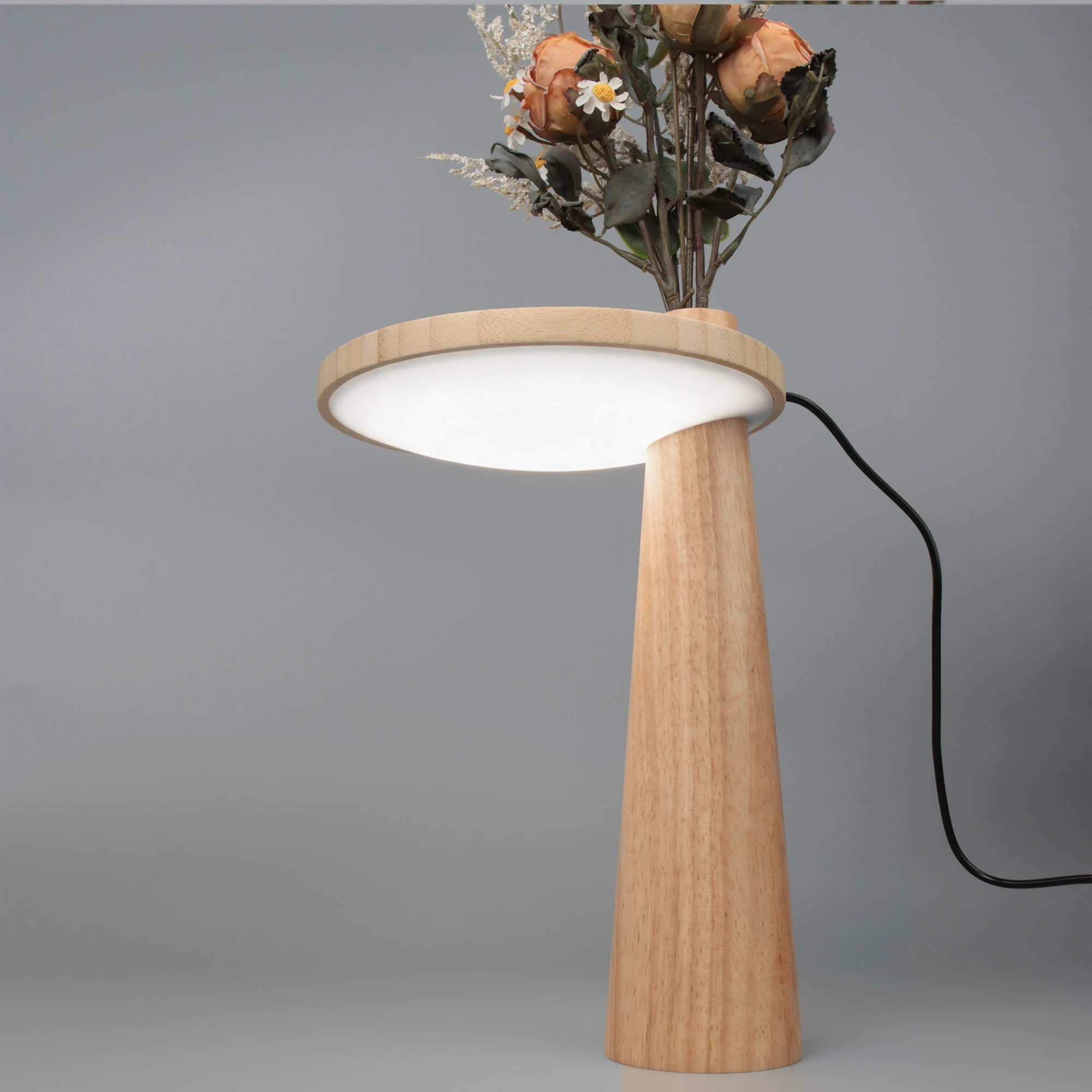 Nordic Style Solid Wood Table Lamp With Vase Slot Stepless Dimmable Brightness White Light  For Bedroom, Nursery Home Decor.
