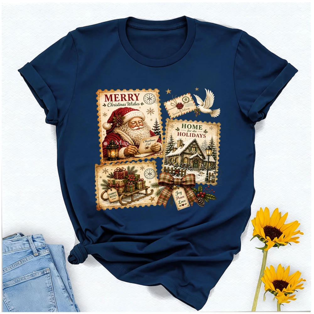 Christmas Stamp Santa Graphic T Shirt Retro Postcard Sleigh Gift Cabin Dove Bow Snowflake Print Merry Xmas Holiday Casual Tees