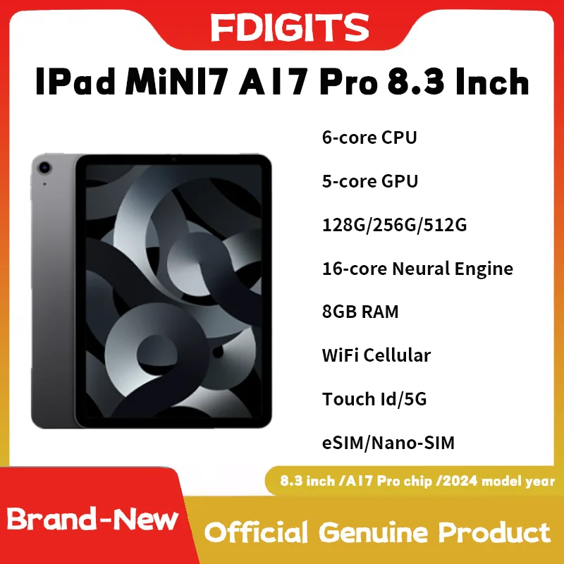 

IPad Mini 7 A17 Pro 8.3Inch 128G/256G/512G WiFi Cellular Touch ID,eSIM, Original 6-core CPU 5-core GPU 16-core Neural Engine.